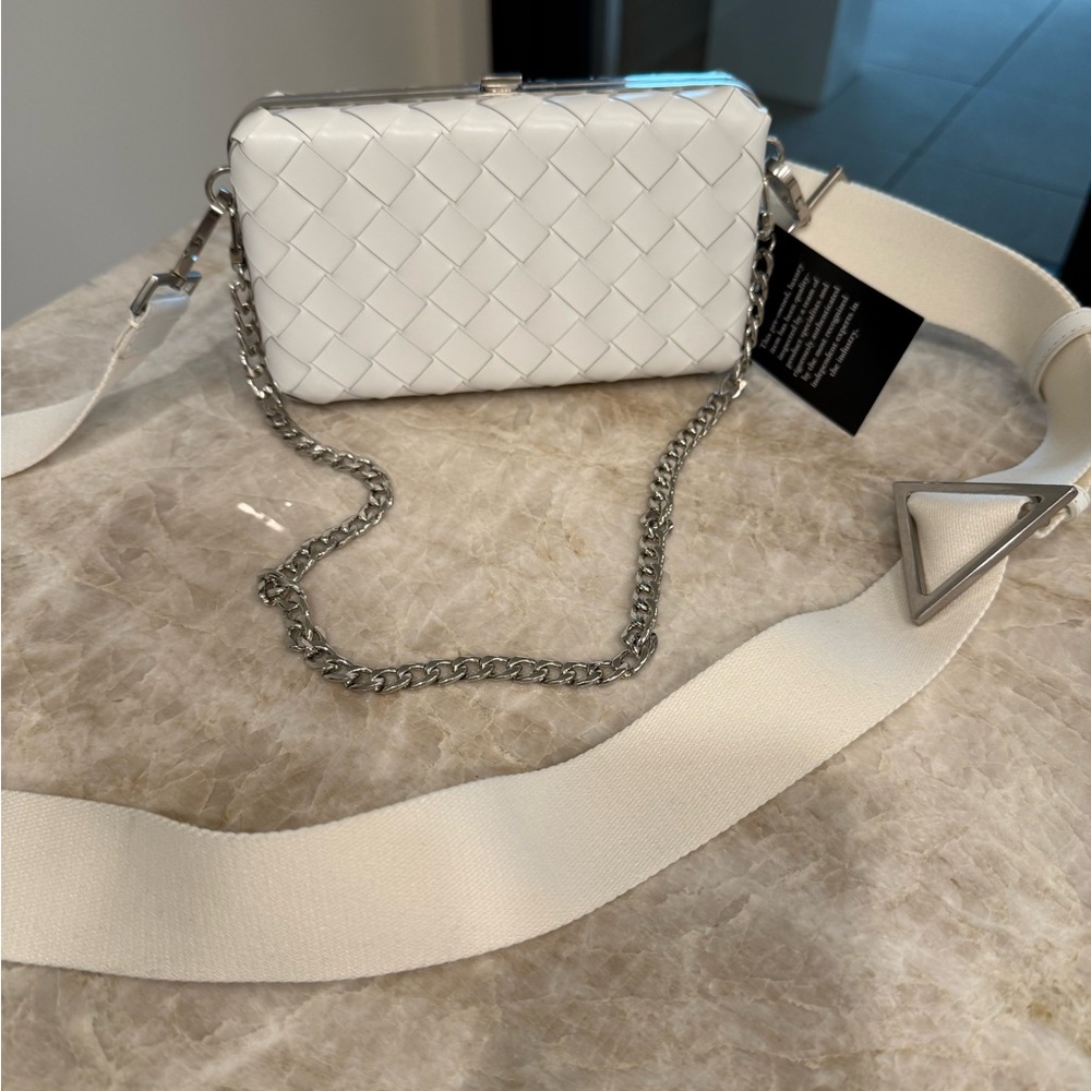 Botega White Woven Clutch with Chain & Cloth Guitar Strap